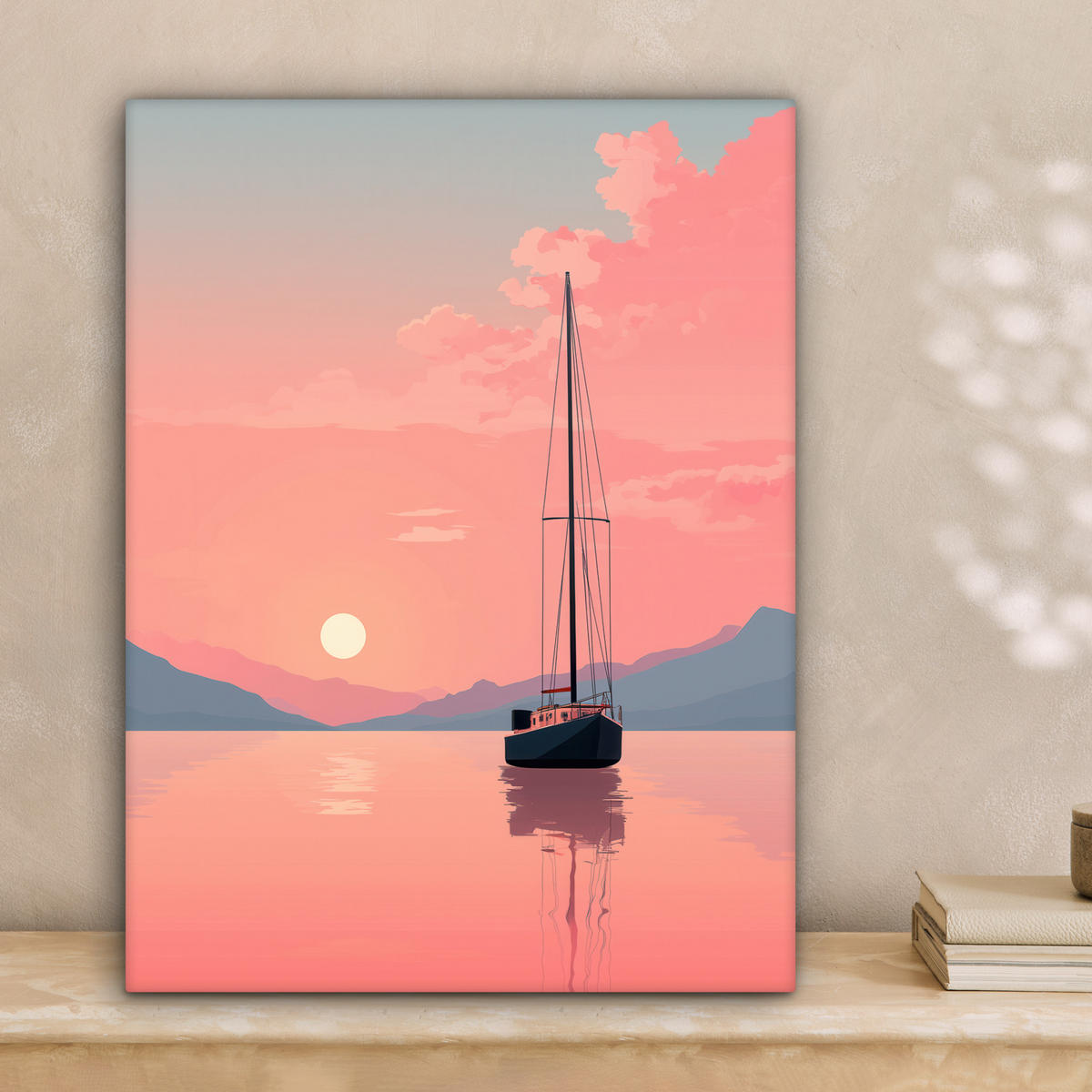 LEINWANDBILD Segelboot - Rosa Meer - Sonnenuntergang - Berge Room Decor 30x40 cm - Rosa, Textil (30/40cm) - MuchoWow
