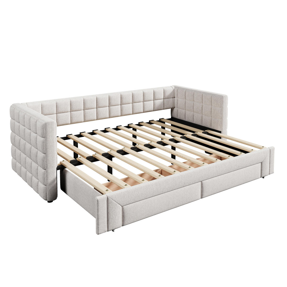 TAGESBETT 90/200 cm aus Samt, ausziehbar mit 2 Schubladen und quadratischer Rückenlehne, Beige - Beige, Textil (90/200cm) - Redom