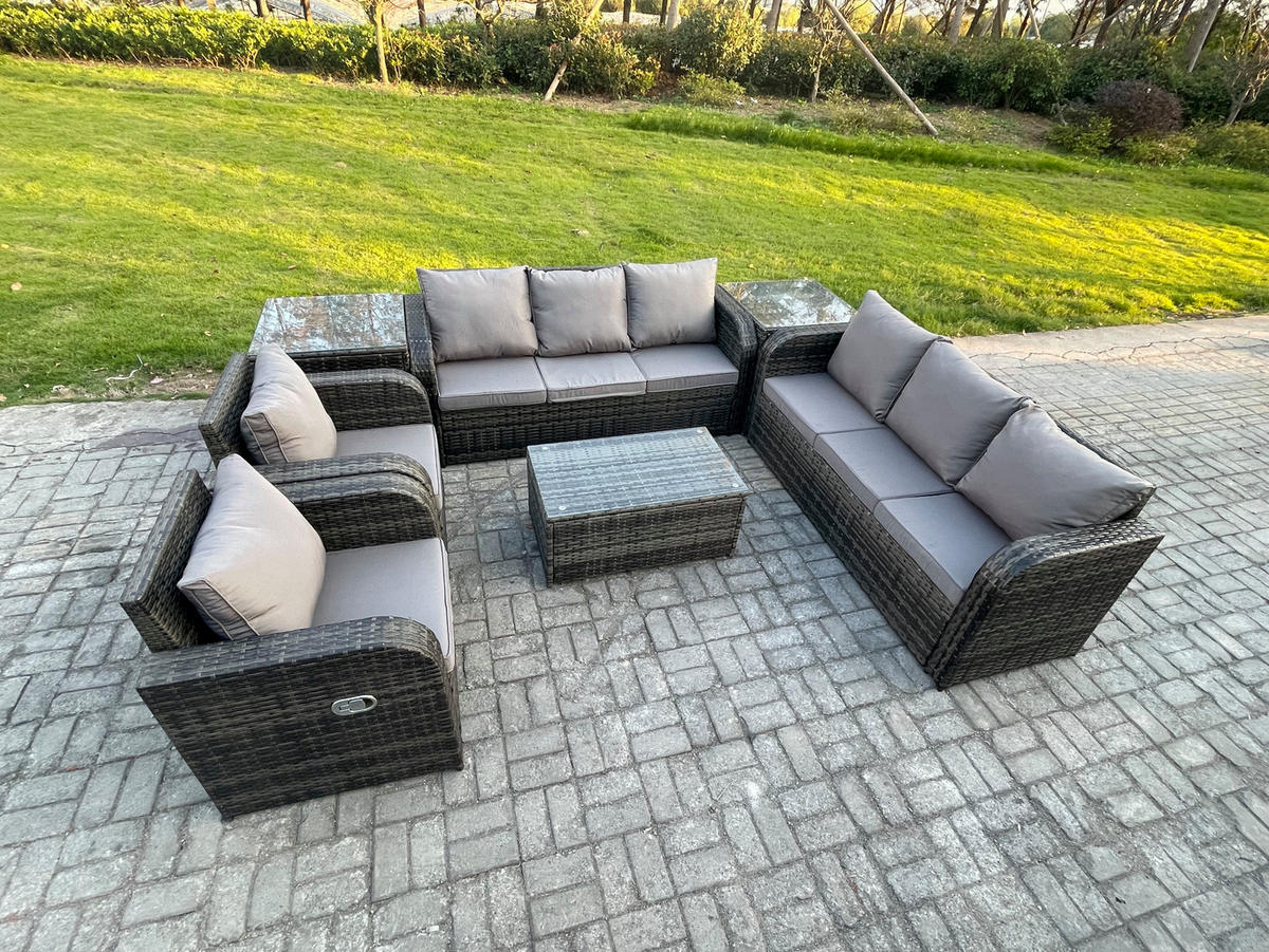 GARTENMÖBEL-SET mit Kissen Polyrattan Dunkelgrau 8-Sitzer - Dunkelgrau/Grau, Glas/Kunststoff - Fimous