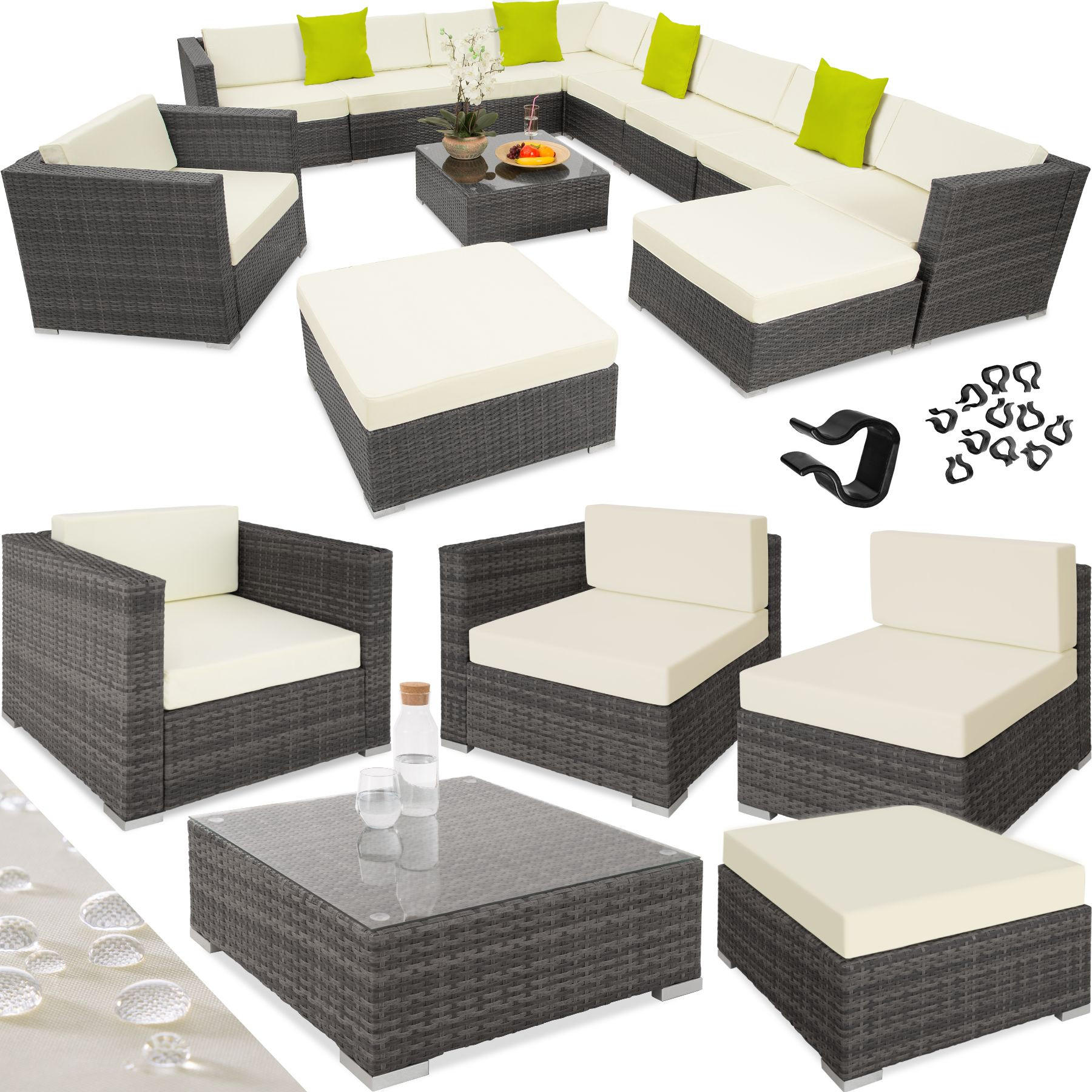 RATTANLOUNGE Las Vegas,mit Sicherheitsglasplatte,grau - Grau, Kunststoff - tectake