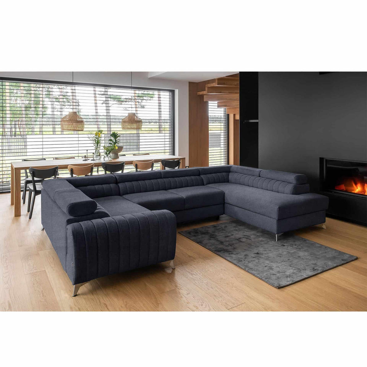 WOHNLANDSCHAFT mit Schlaffunktion und Bettkasten - Silberfarben/Dunkelblau, Textil/Metall (347/92/202cm) - Eltap