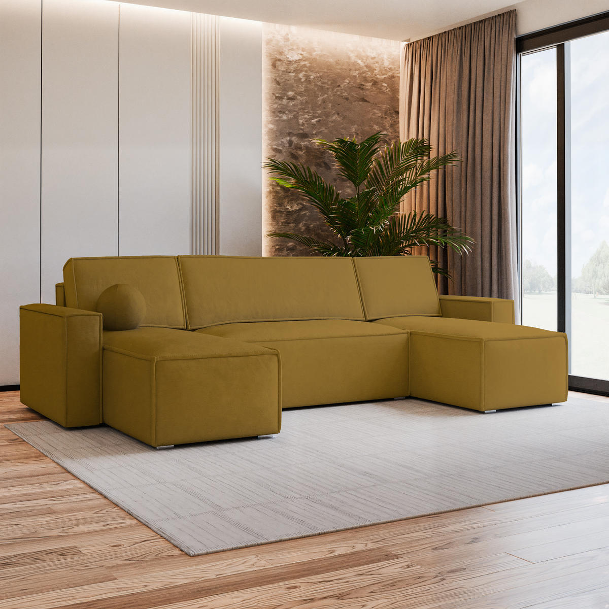 WOHNLANDSCHAFT PESANO M Gelb Velours-Stoff mit Schlaffunktion - Gelb, Holz (306/85/140cm) - MASSENO