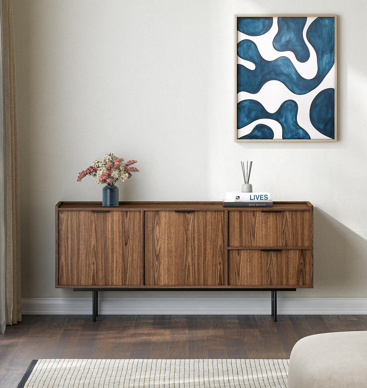 SIDEBOARD Nordiva 2T 2S Warmia Walnut 150/68/40 cm – Metallgestell - Walnussfarben/Schwarz, Holzwerkstoff/Metall (150/68/40cm) - AX Living