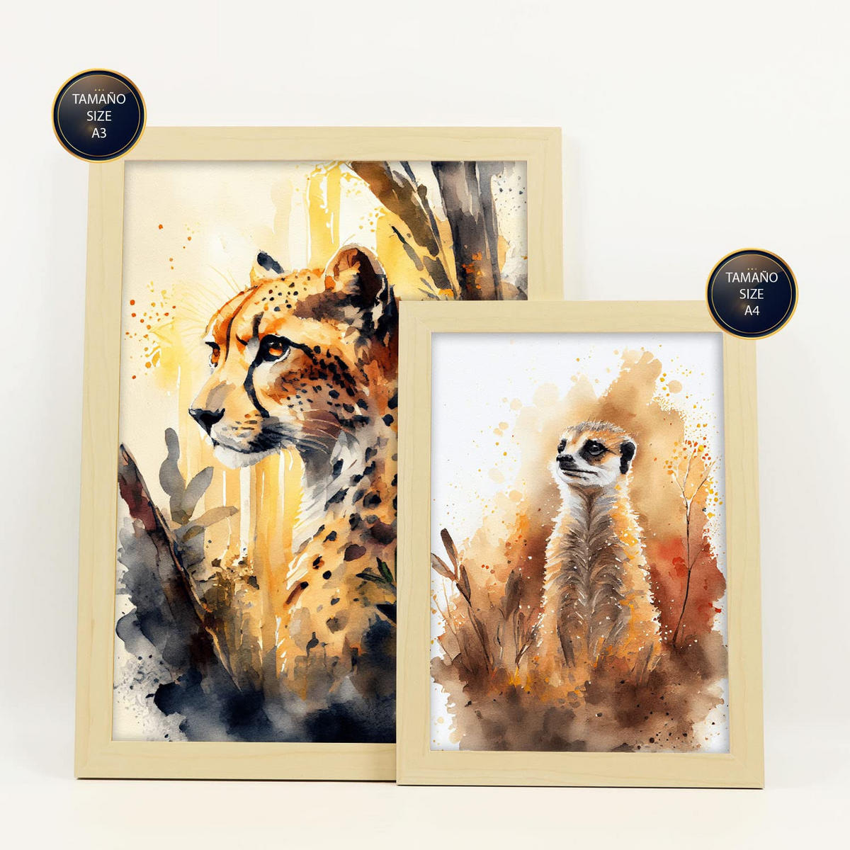 POSTER Set Mit 6 Tiefer Wald Illustrationen Von Tieren In Naturlandschaften, Realistischer Aquarellstil A3 & A4 Rahmen Aus Hellem Holz - Beige, Papier (29/3cm) - Nacnic
