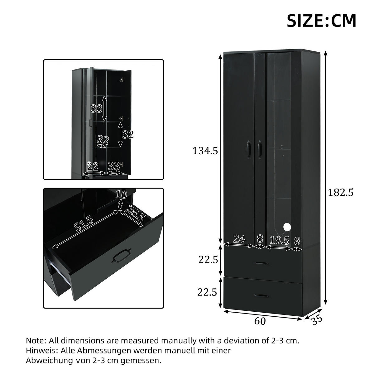 VITRINE LED 2 Türen Standvitrine Glas Schwarz - Schwarz, Holzwerkstoff (59.5/182/35cm) - FLIEKS