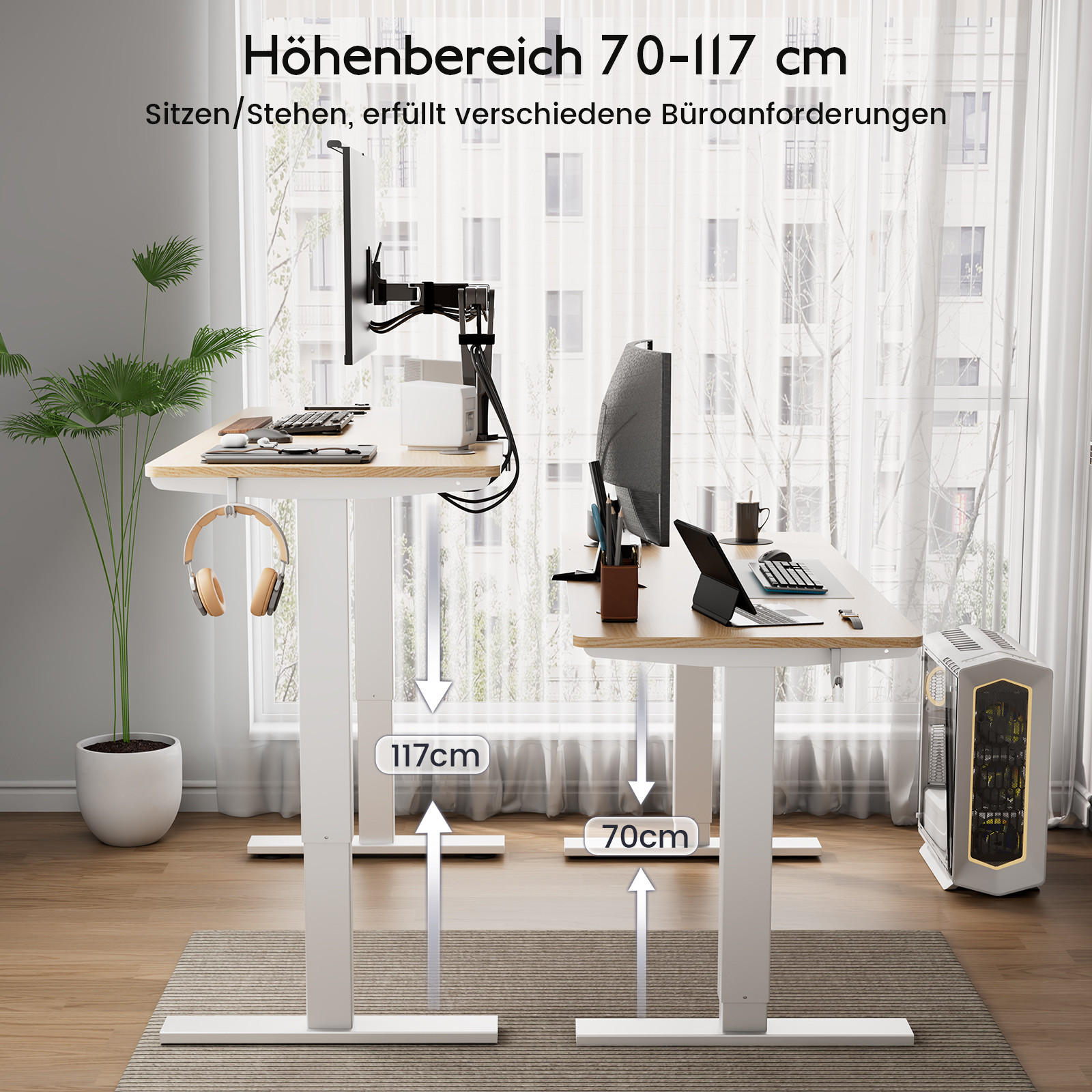 SCHREIBTISCH elektrisch höhenverstellbar 60 x 110 cm, mit Memory- und Kollisionsschutzfunktion,HOMAVO - Naturfarben, Metall (110/60/117cm) - HOMAVO