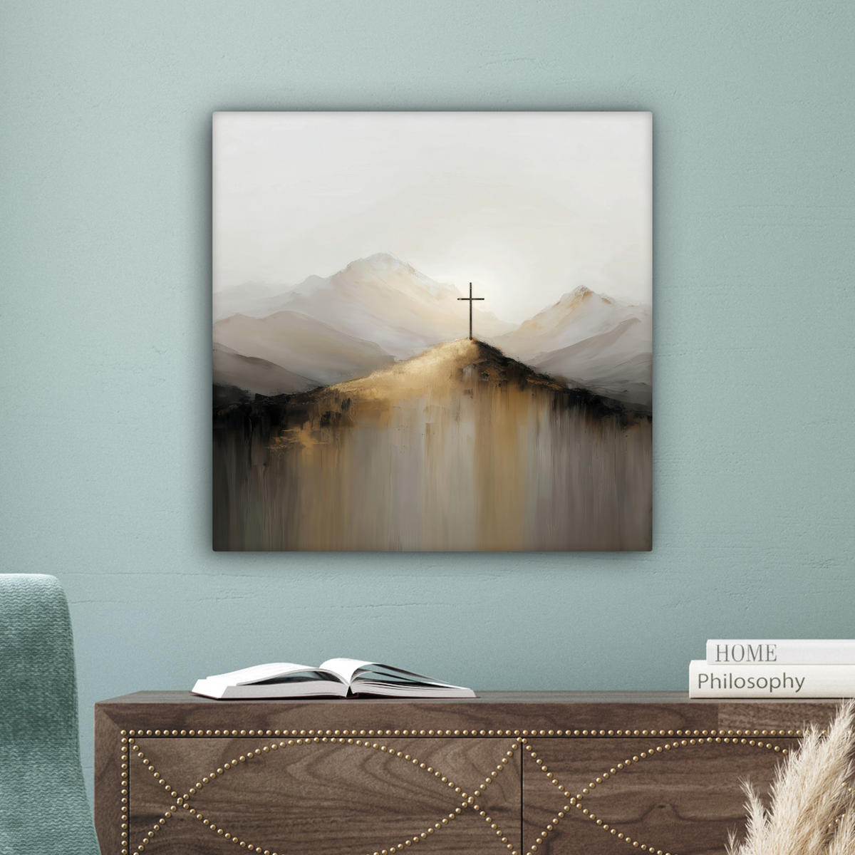 LEINWANDBILD Hügel - Abstrakt - Kreuz - Christentum Wandbild Wohnzimmer 50x50 cm - Beige, Textil (50/50cm) - MuchoWow