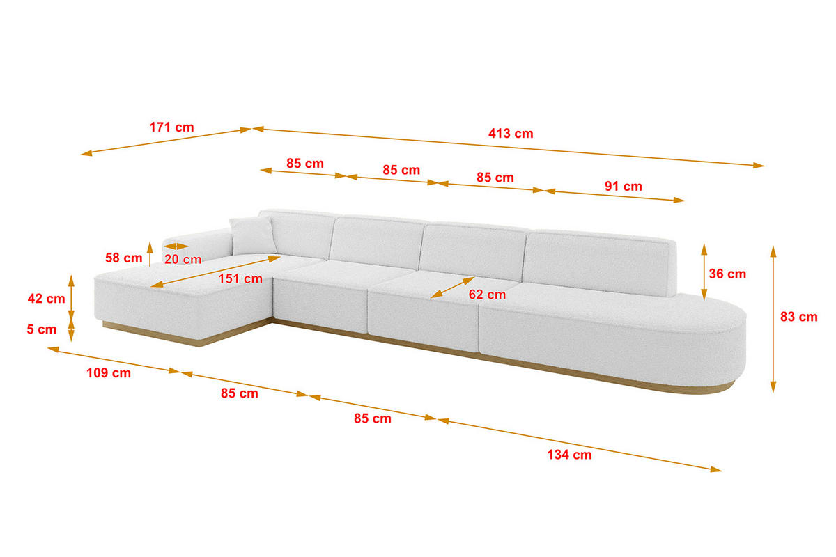 ECKSOFA Ottomane Links IREA-L3-v2 - 413x171x83 cm Weiß - Weiß, Holzwerkstoff/Textil (413/171cm) - ALTDECOR