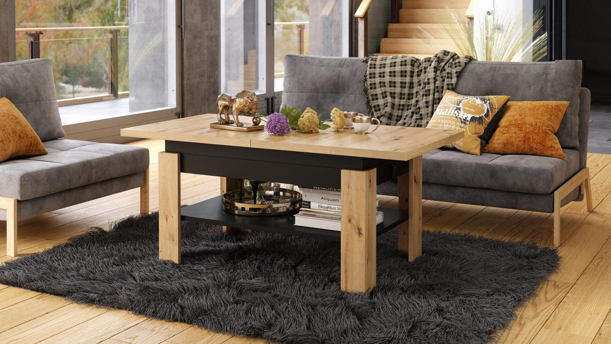 COUCHTISCH rechteckig Eiche Gold - Schwarz ausziehbar höhenverstellbar - Eichefarben/Schwarz, Holzwerkstoff (65/130/58cm) - designimpex