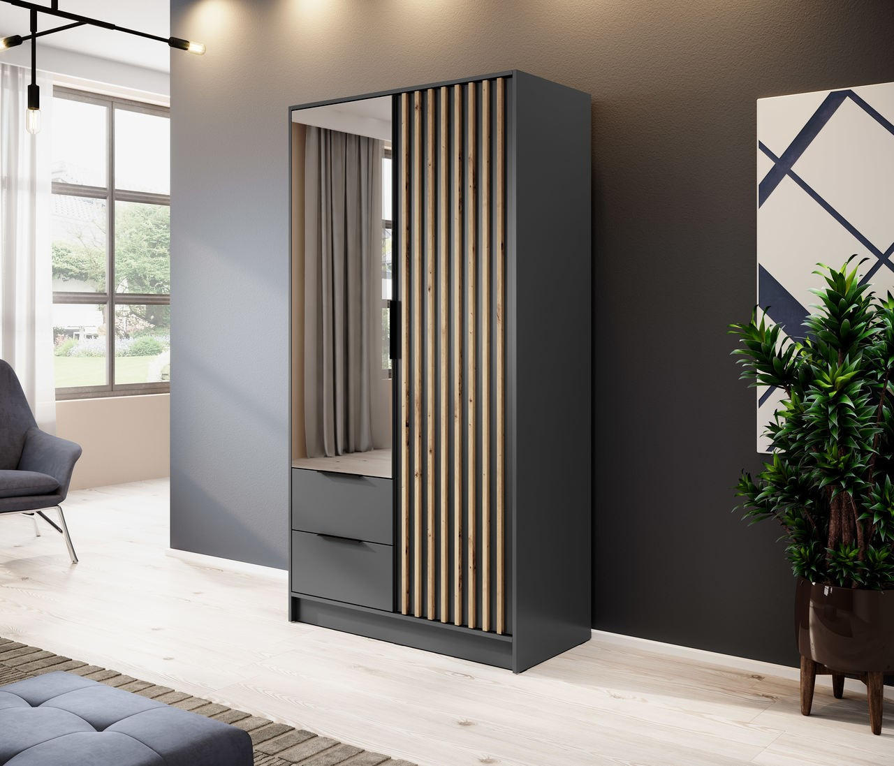 KLEIDERSCHRANK Nelly Graphit, Artisan Eiche Lamellen, Schrank Zweitürige, Garderobe mit Spiegel - Graphitfarben, Holzwerkstoff (105/200/51cm) - Bettso