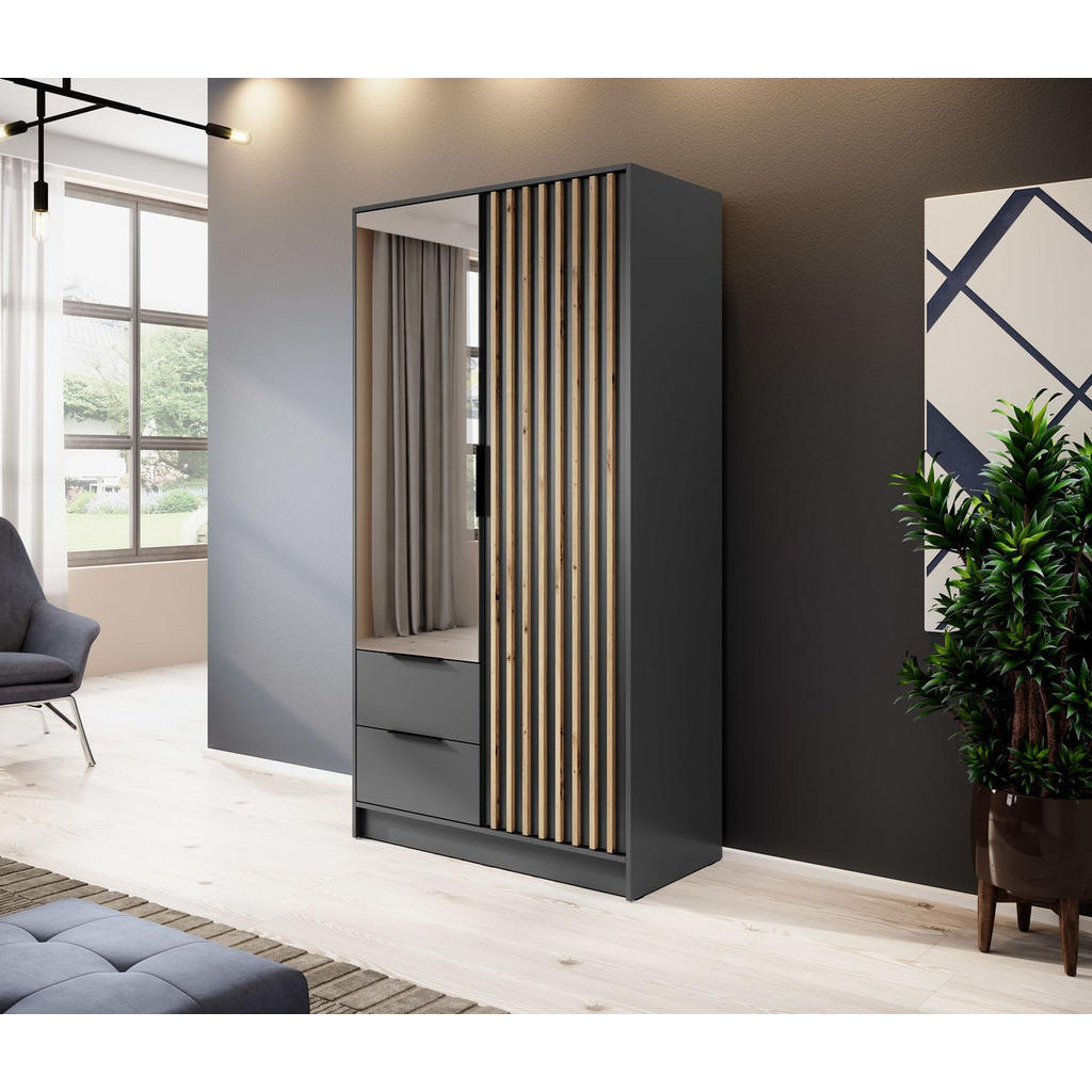 Thumbnail - Bettso Kleiderschrank, Graphit, Holzwerkstoff, 2 Schubladen, 105x200x51 cm, Schlafzimmer, Kleiderschränke, Drehtürenschr...