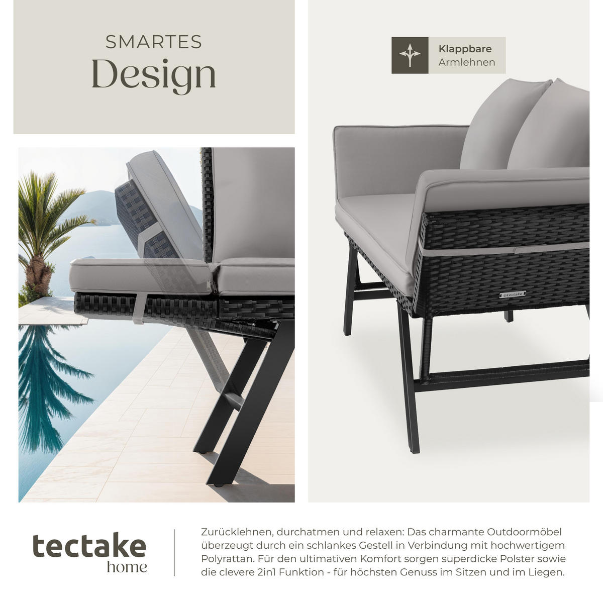 RATTAN-LOUNGESOFA Sintra,157 x 61 x 89 cm,hellgrau/schwarz - Hellgrau/Schwarz, Kunststoff/Textil (157/89/61cm) - tectake