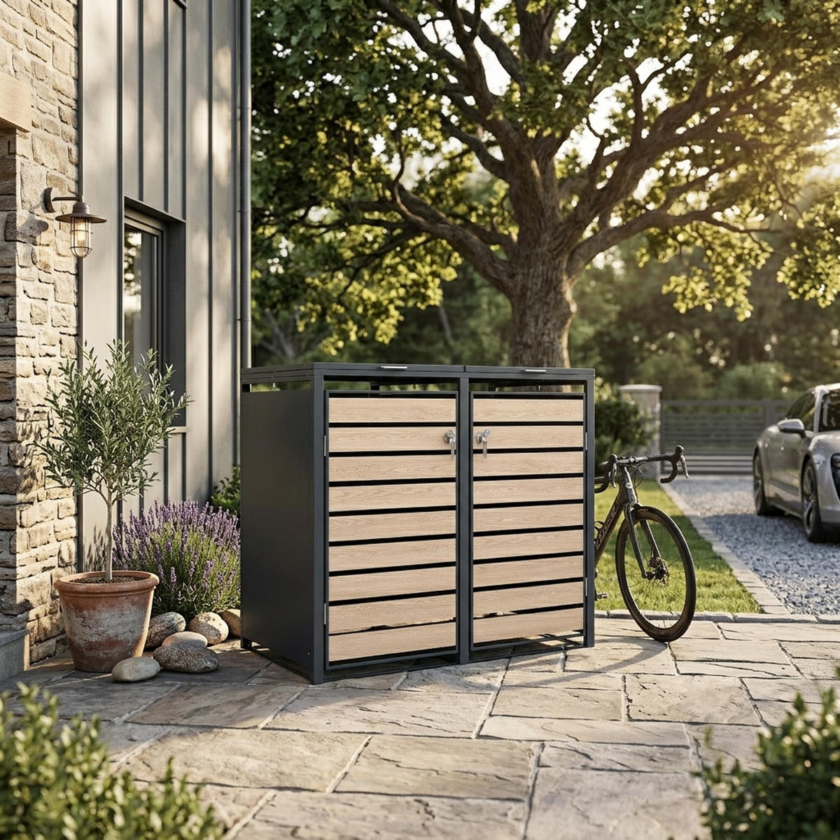 MÜLLTONNENVERKLEIDUNG Liverpool - Mülltonnenbox für 2 - in Holzoptik - , Stahl pulverbeschichtet verzinkt, anthrazit - Grau, Metall (132/116/80cm) - TPFGarden