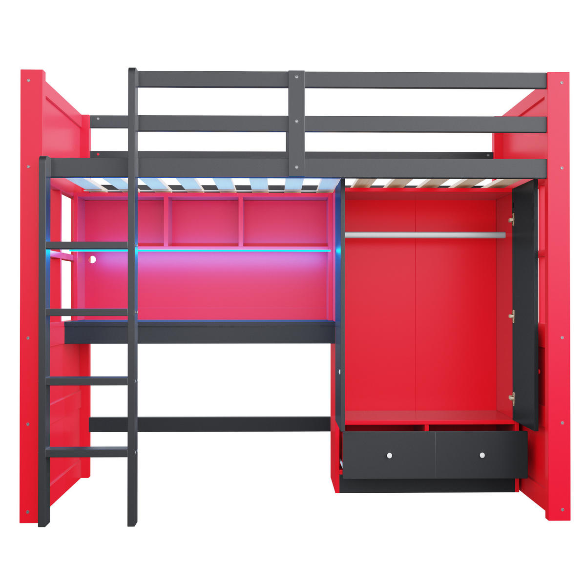 HOCHBETT 90x200cm Gaming Schreibtisch Schrank Stauraum Rot - Multicolor, Holz (90/200cm) - FLIEKS