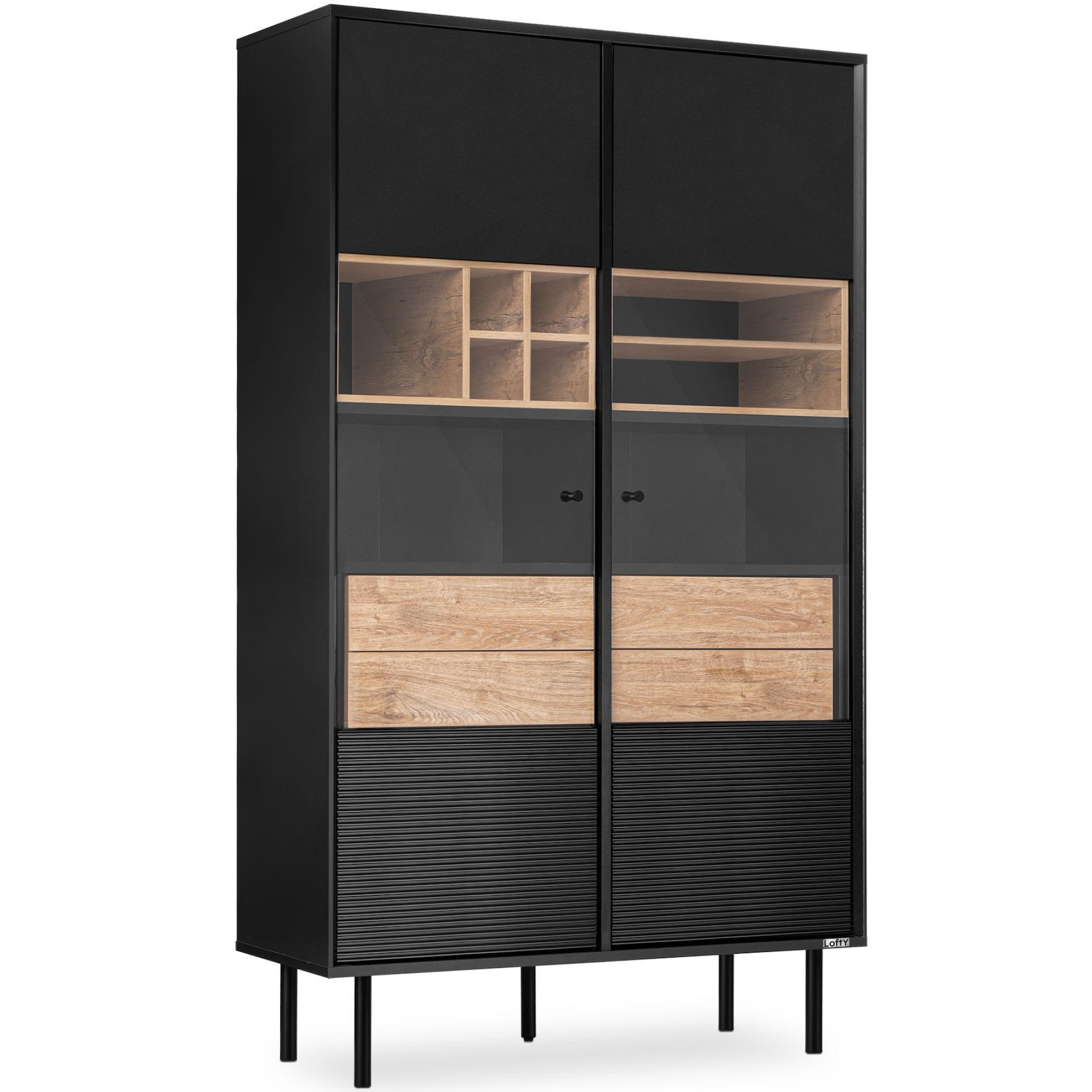 VITRINENSCHRÄNK LOFTY TV/Weineinlage, schwarz / Eiche natur - Eichefarben/Multicolor, Holzwerkstoff (102/174/41cm) - KONSIMO®
