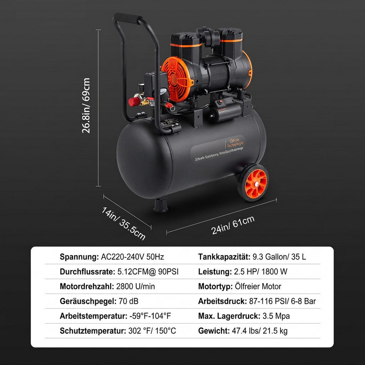 TISCHLERWERKZEUGELUFTKOMPRESSOR 35,2L Ölfrei-1800W Leiser-Druckluftkompressor 70dB 90PSI - Schwarz, Metall (20/30/10cm) - Raelunyi
