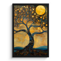 GERAHMTES BILD Baum - Mond - Blumen - Gold - Kunst 40x60 cm - Orange, Papier (40/60cm) - MuchoWow