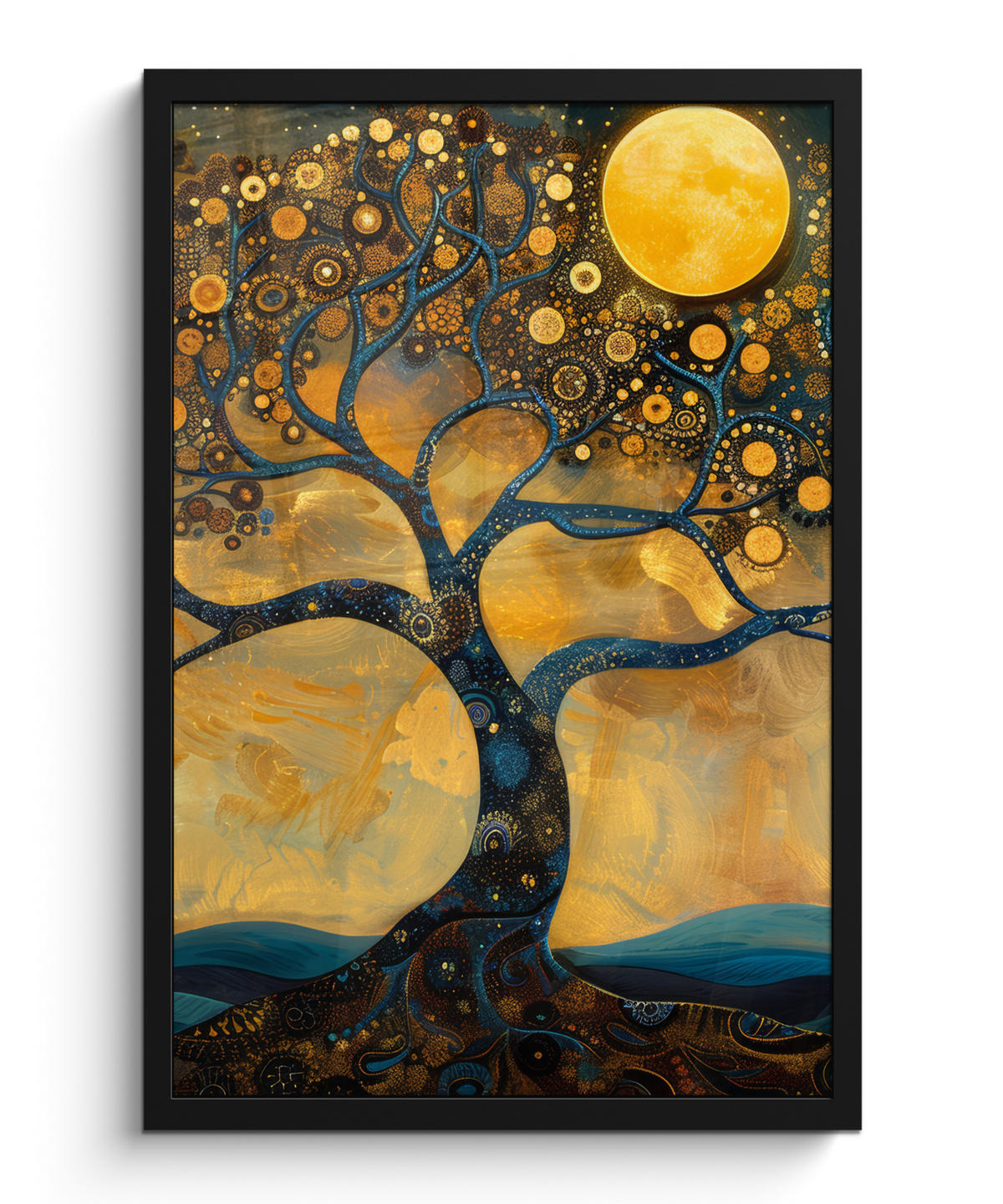 GERAHMTES BILD Baum - Mond - Blumen - Gold - Kunst 40x60 cm - Orange, Papier (40/60cm) - MuchoWow