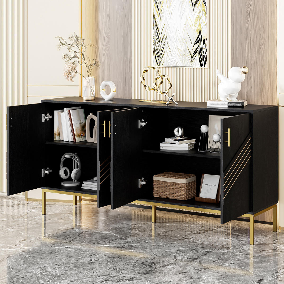 SIDEBOARD mit 4 Türen und höhenverstellbaren Einlegeböden, schwarzes MDF mit goldenen Metallakzenten, 160/40/80,5 cm, Schwarz + Holzmaserung - Schwarz, Holzwerkstoff (160/80.5/40cm) - Redom
