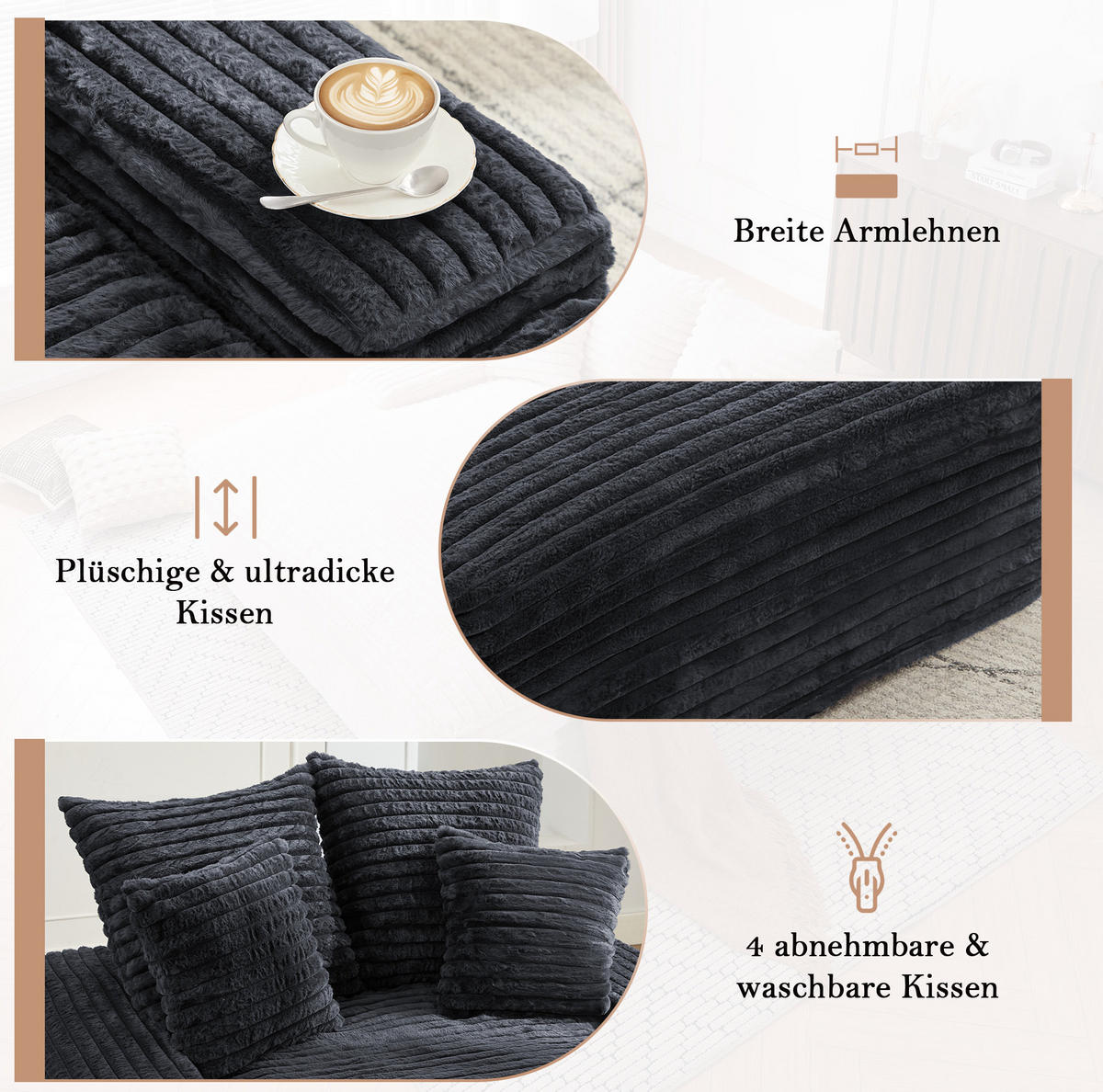 CHAISELONGUE Cordstoff mit Memory-Schaum und 4 Kissen 137/175/63 cm Grau - Grau, Textil (137/63/175cm) - Redom