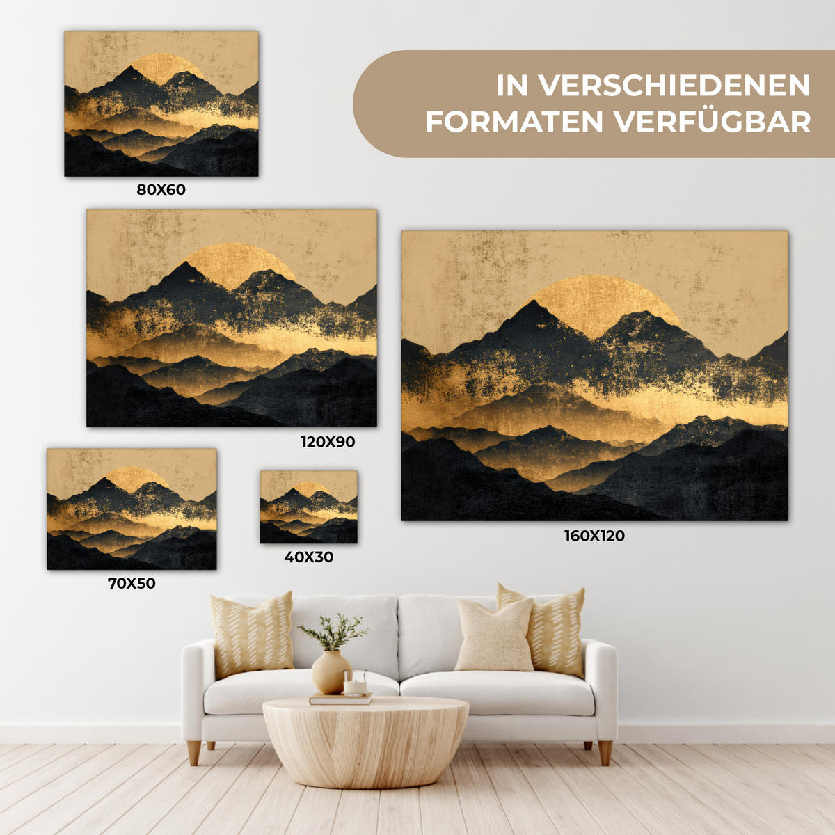 LEINWANDBILD Goldene Berge bei Mondschein Wandbilder 80x60 cm - Goldfarben, Textil (80/60cm) - MuchoWow