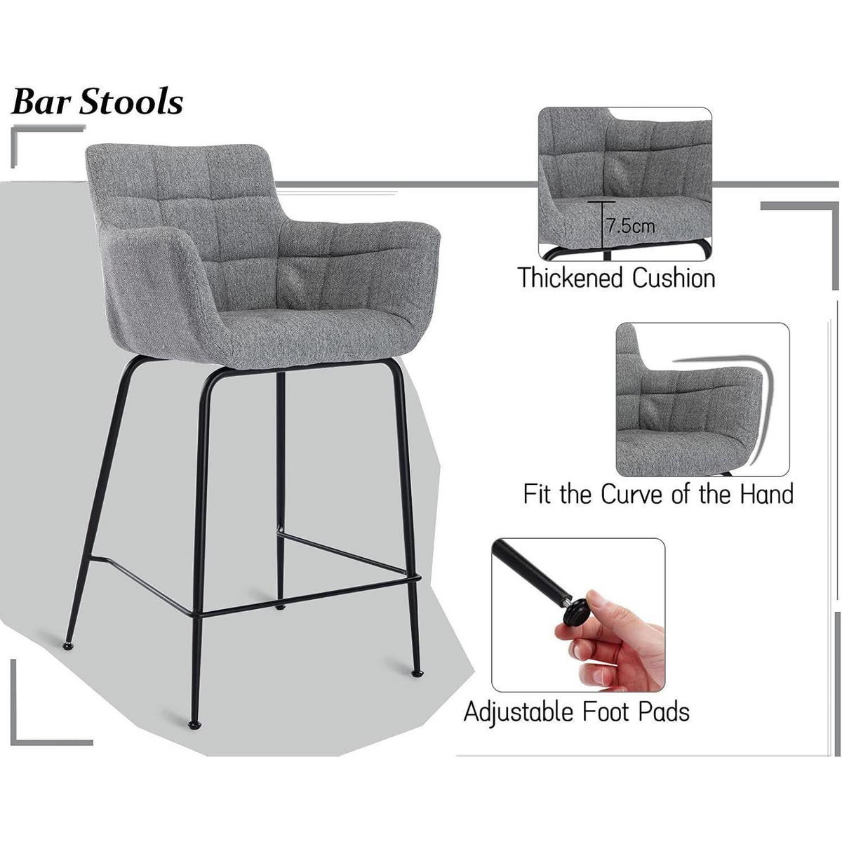 BARHOCKER 4er Set Grau mit Steppdesign und Metallfüßen - Grau, Textil (50/93.5/55cm)