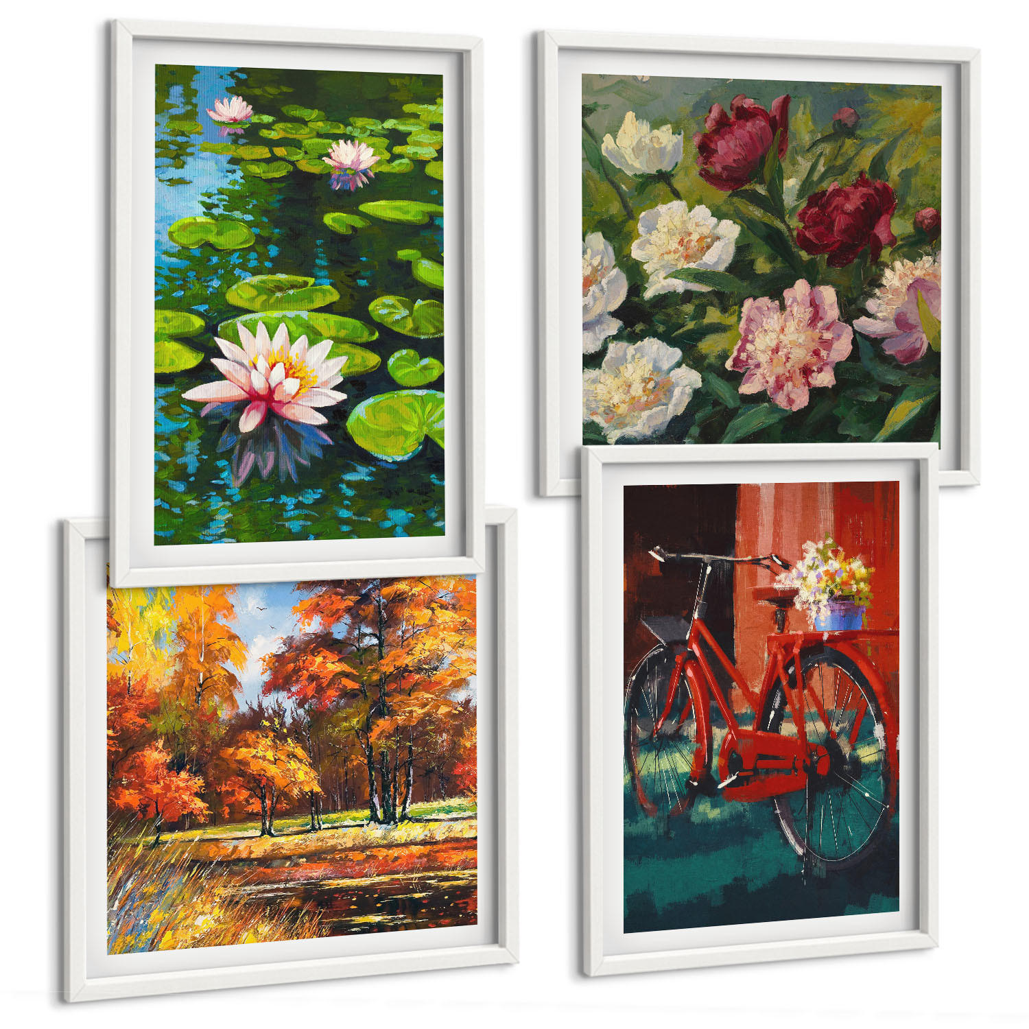 BILDER SET 4er Set - 50x50 cm & 40x60 cm Weißer Rahmen - Seerosen, Fahrradblumen - Weiß, Kunststoff (50/50cm) - TULUP