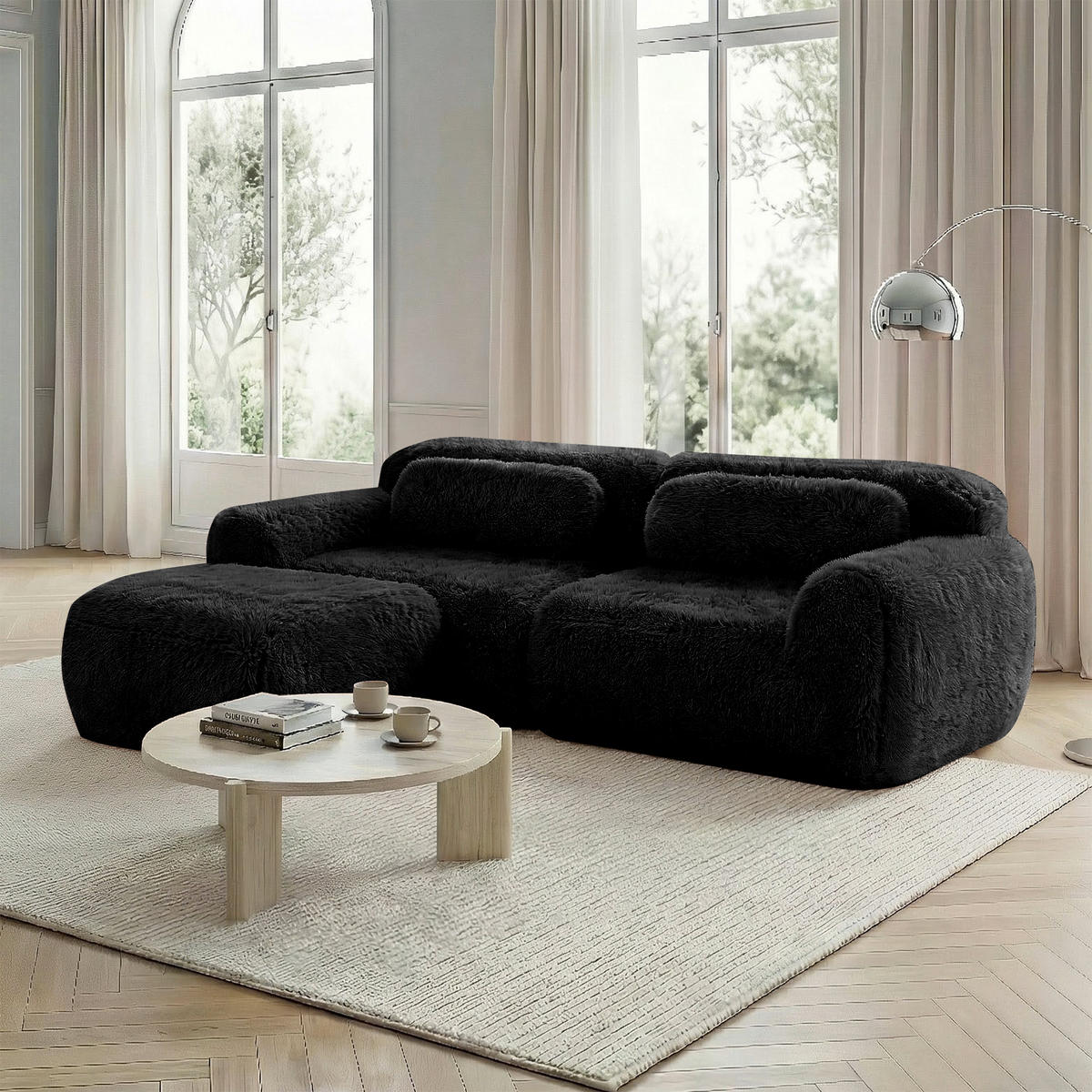 ECKSOFA Plüsch Schwarz mit Kissen - Schwarz, Textil (204/179cm) - WISHDOR