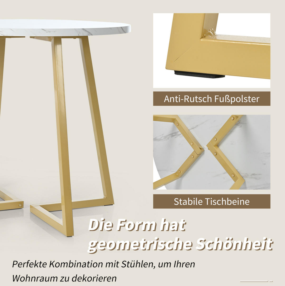 ESSTISCH, MDF mit Marmor-Muster & Metallgestell, Ø 80/75 cm, Weiß - Goldfarben, Holzwerkstoff (80/80/75cm) - Redom
