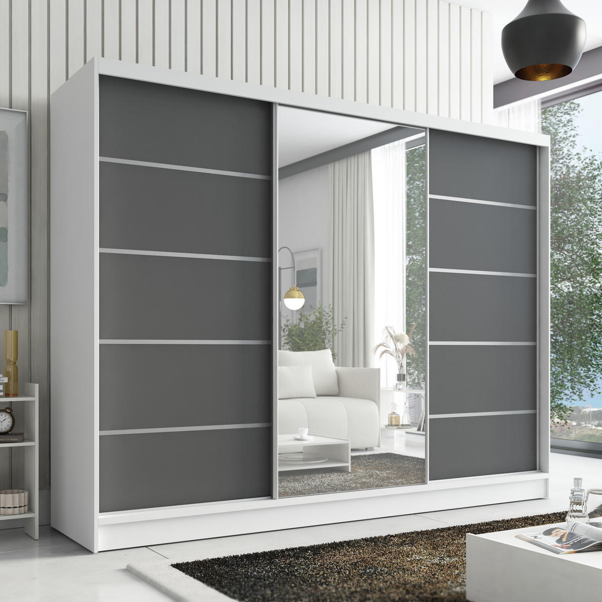 SCHWEBETÜRENSCHRANK 200 cm AURELIA 1 Farbe: Weiß, Graphit - Graphitfarben/Weiß, Holzwerkstoff (200/215/60cm) - A&J MöbelLand