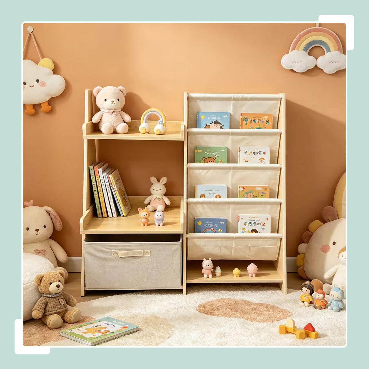 BIBLIOTECĂ Natur Alb Copii Buzunare din material textil Cutie pentru jucării - multicolor, compozit lemnos/material textil (84.5/80/34.5cm) - Relaxdays