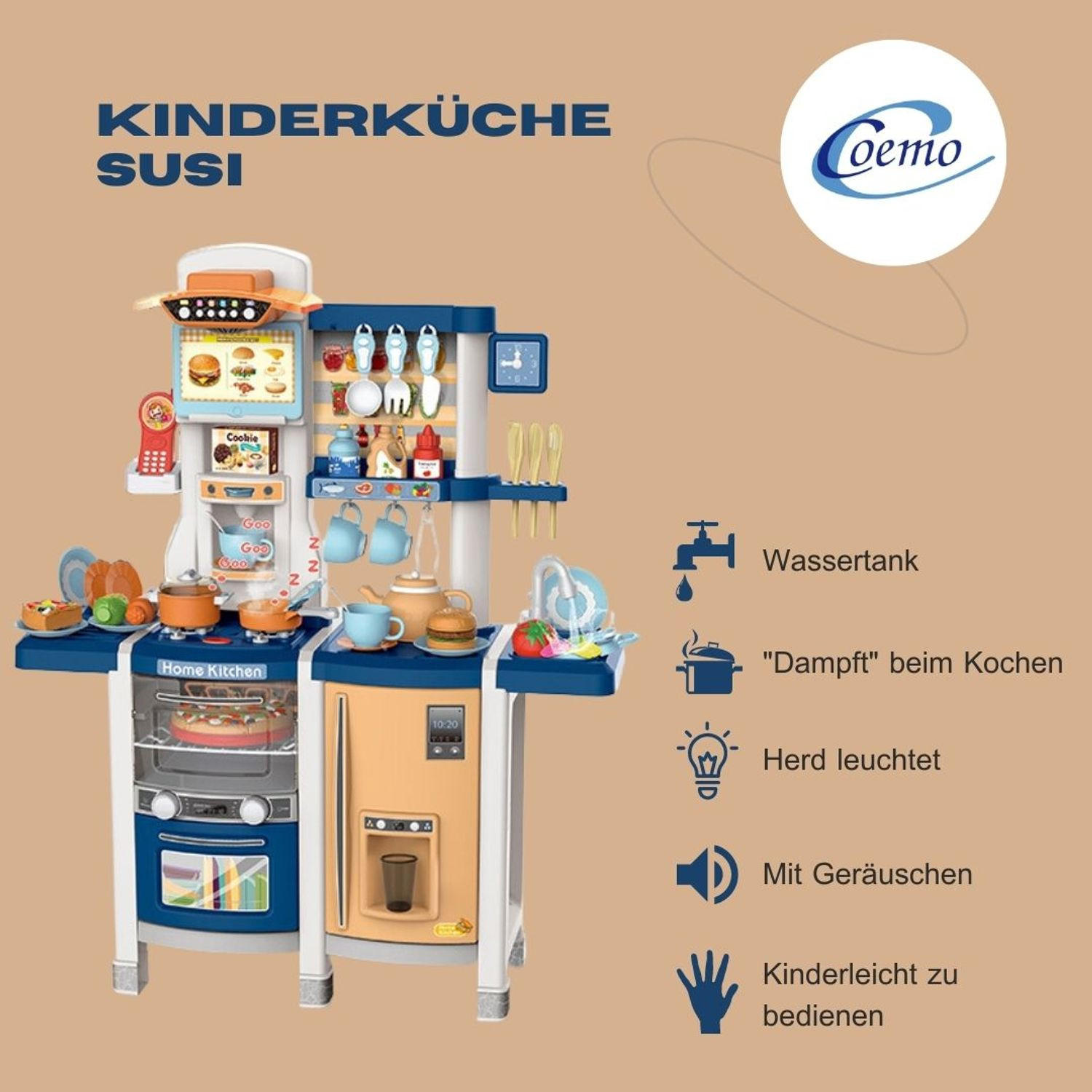 KINDERKÜCHE SUSI mit 65-tlg. Zubehör, Farbe Blau - Blau, Kunststoff (30/80cm) - Coemo