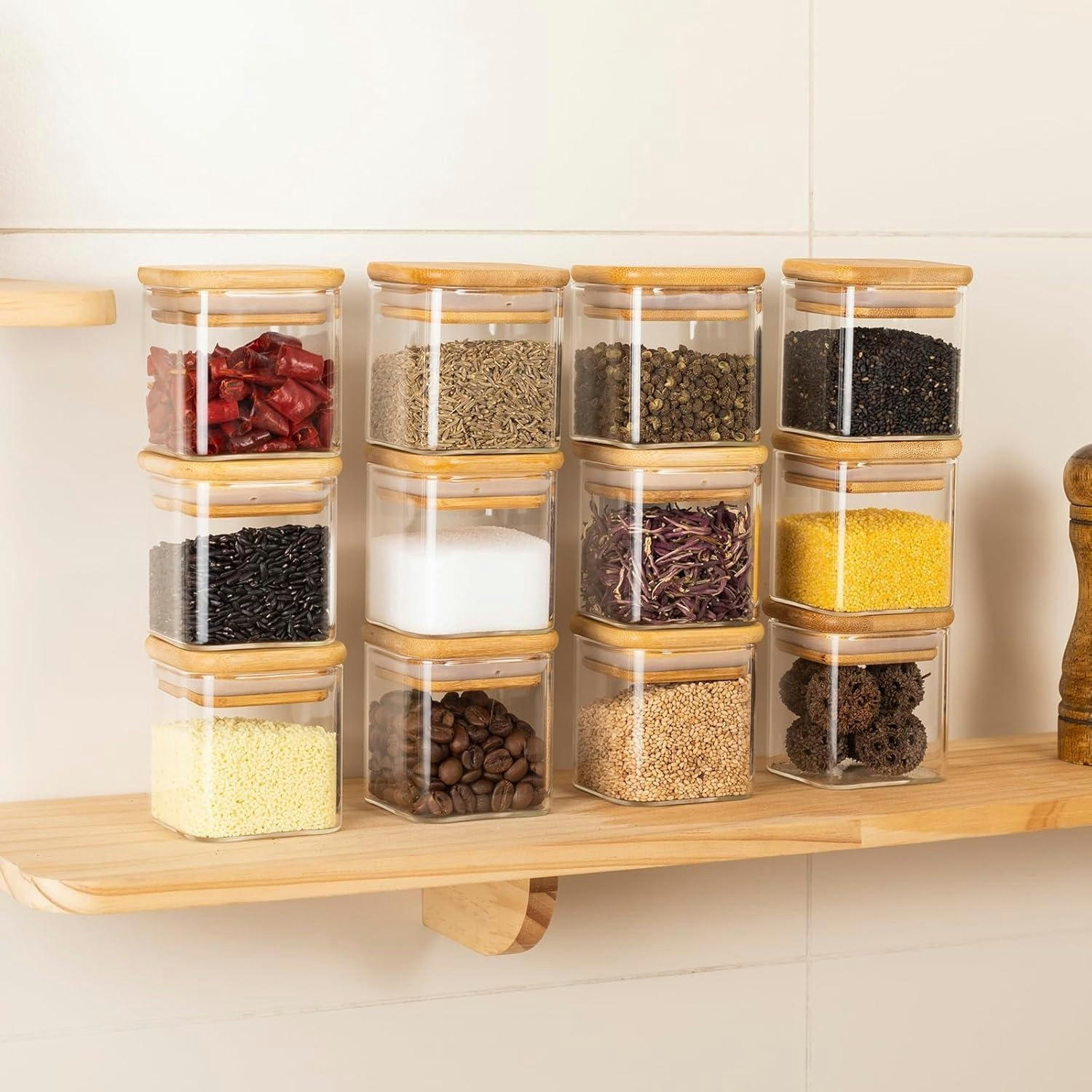 GEWÜRZGLÄSER 12er Set 120ml mit Bambusdeckel und Etiketten - Multicolor, Glas (6/6.7/6cm)