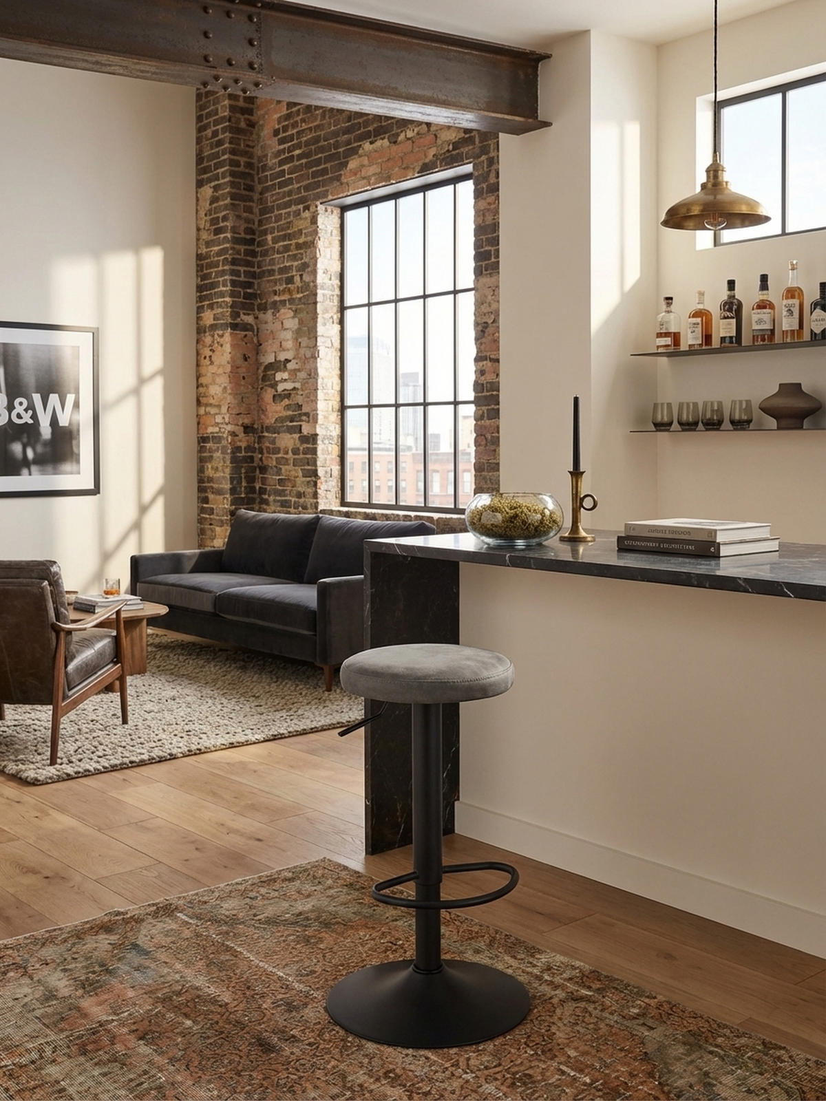 BARHOCKER Höhenverstellbar Eisen Samt Drehbar CAMPANIA, Grau 40x40x79 cm - Schwarz/Grau, Textil/Metall (40/79/40cm) - KADIMA DESIGN