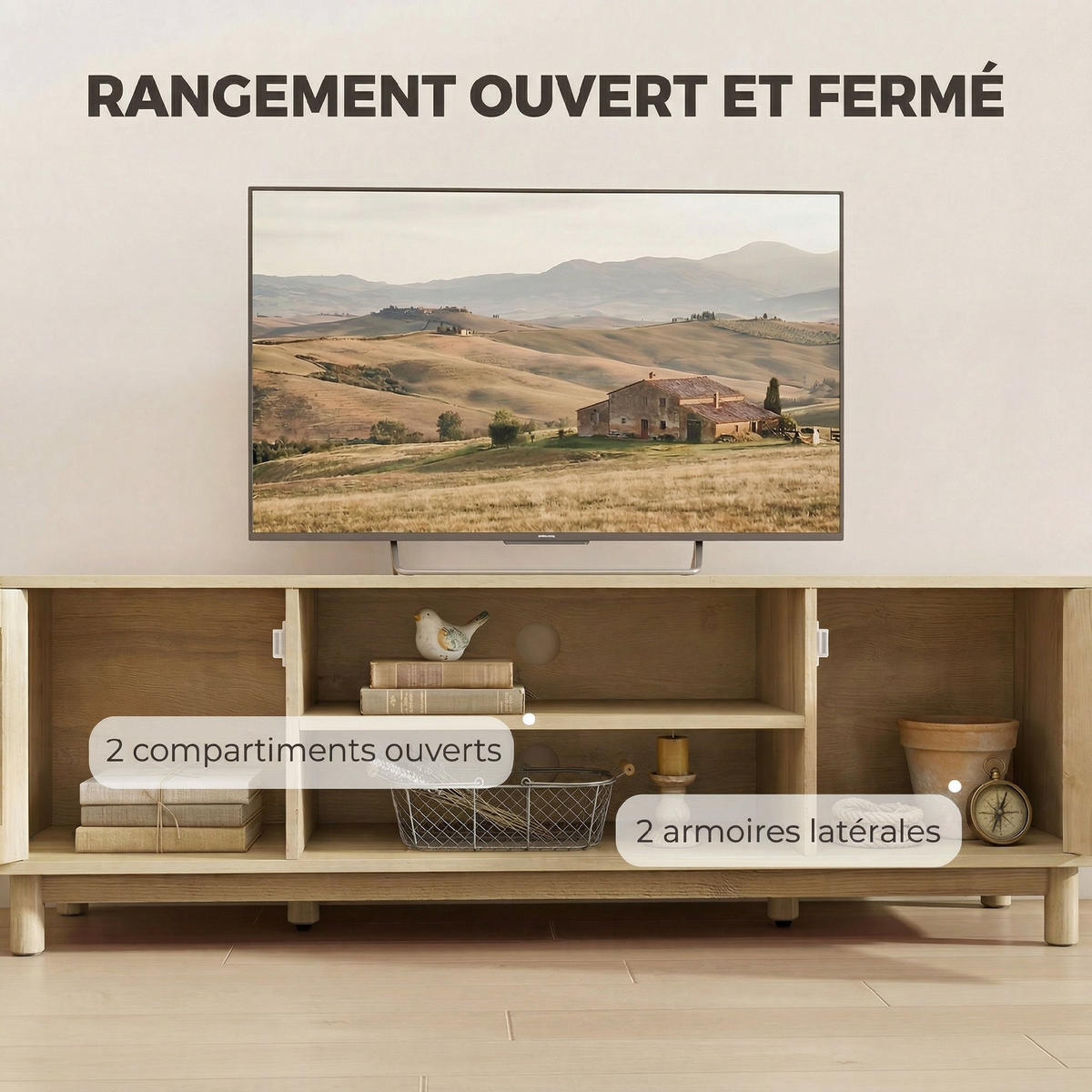 TV-LOWBOARD Eichefarben/Natur 135/39/45 cm, 2 Türen mit Rattangeflecht - Eichefarben, Naturmaterialien (135/45/39cm) - PANGIVO