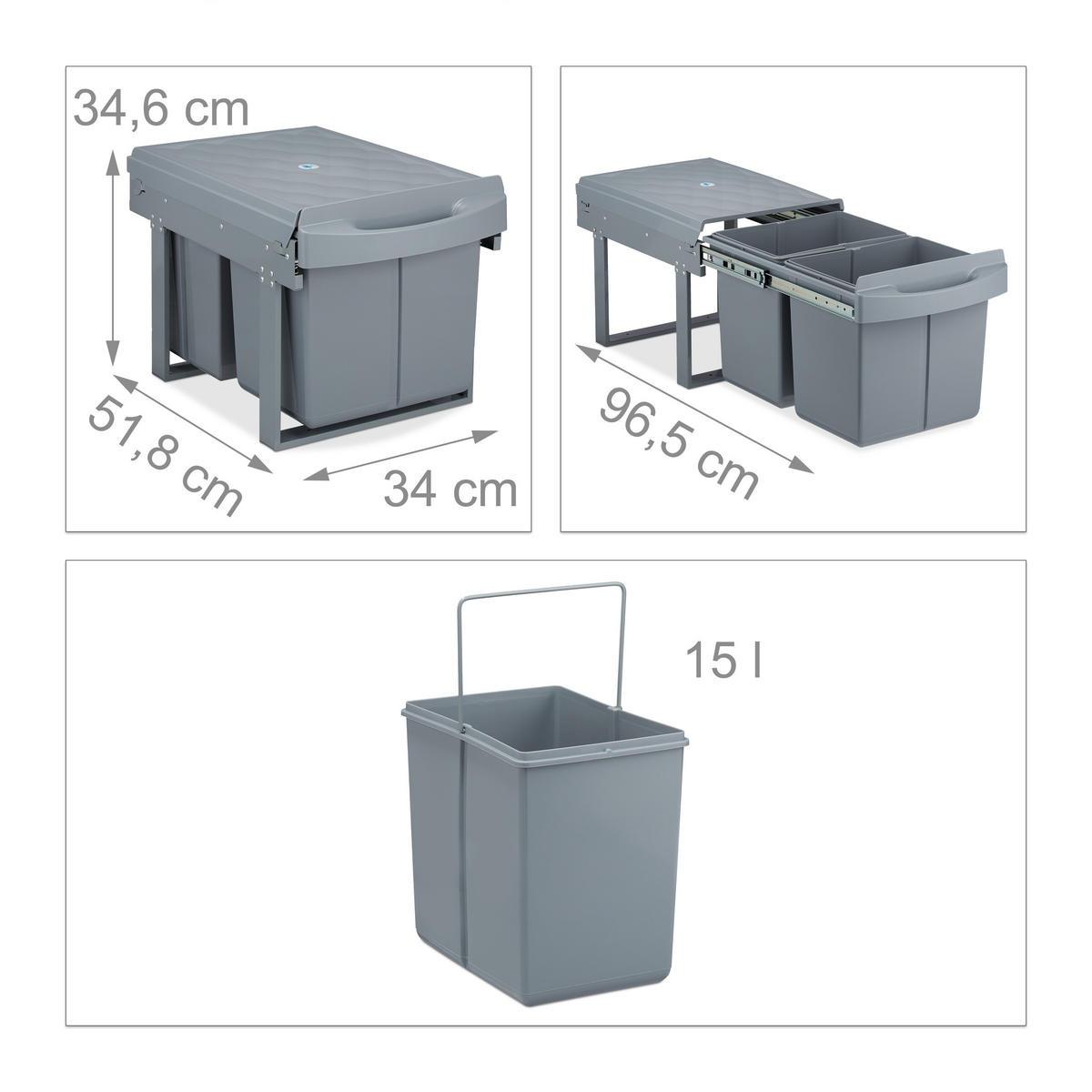 EINBAUMÜLLEIMER 2x15 L - Grau, Kunststoff/Metall (34/34.6/51.8cm) - Relaxdays