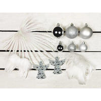 WEIHNACHTSBAUMSCHMUCK-SET ENGELSFLÜGEL 136-teilig, für Weihnachtsbäume 240–270 cm, inkl. Aufbewahrungsbox - Silberfarben/Weiß, Kunststoff/Metall (55/50/75cm) - LAALU