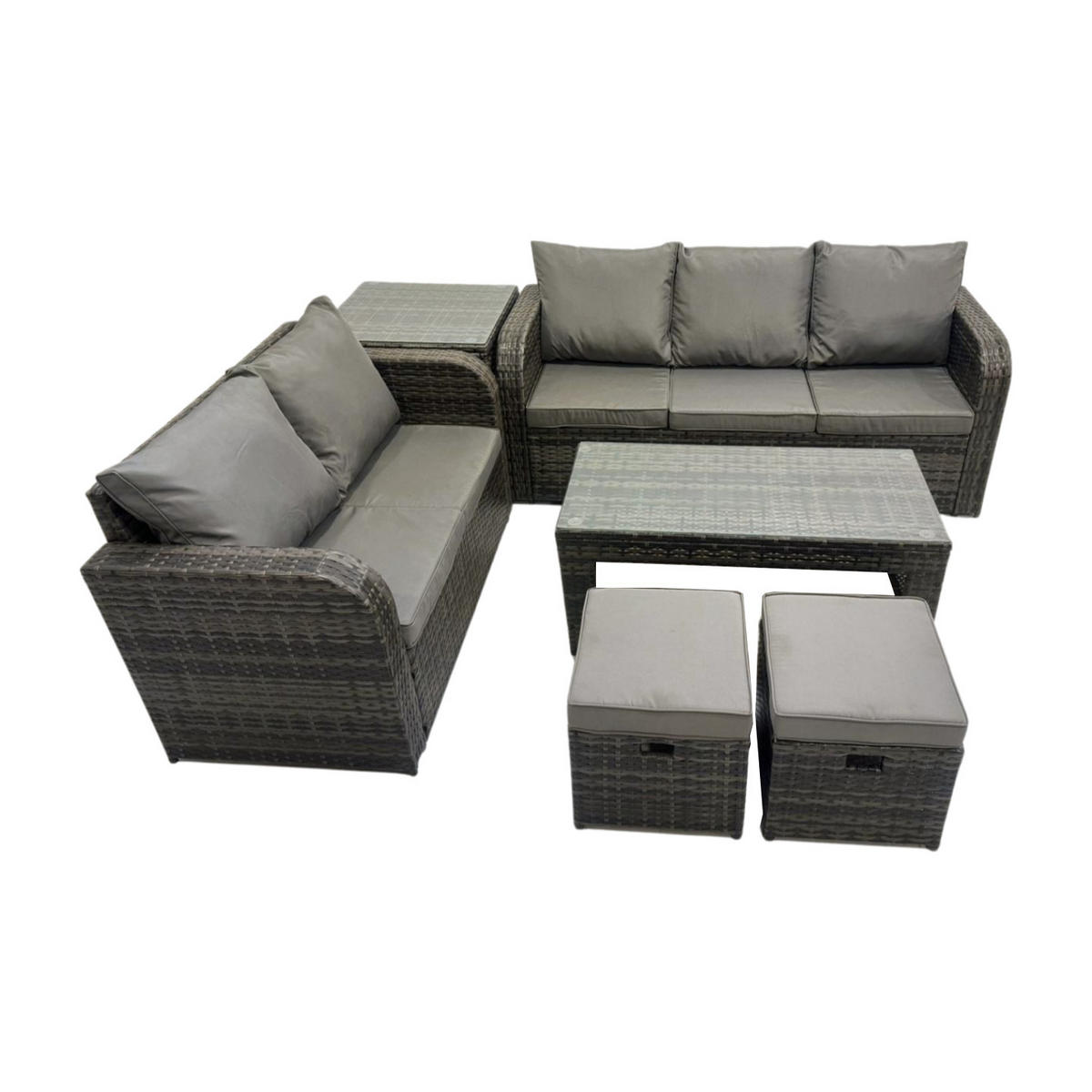 GARTENSOFA SET mit COUCHTISCH BEISTELLTISCH Polyrattan 7-Sitzer - Dunkelgrau/Grau, Glas/Kunststoff - Fimous