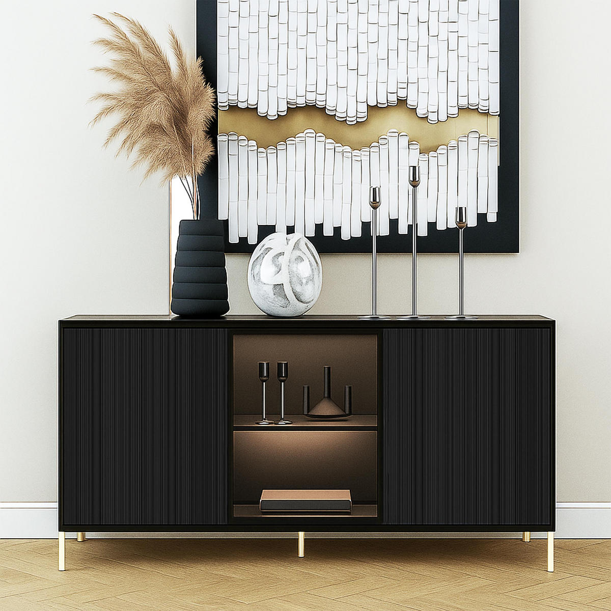 SIDEBOARD Benvie 3T Schwarz 154/80/38 cm – mit Glastüren und goldenen Beinen - Goldfarben/Schwarz, Holzwerkstoff (154/80/38cm) - AX Living