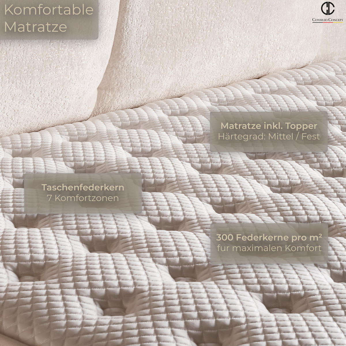 BOXSPRINGBETT MIT BETTKASTEN PORTO 120/200 cm, Beige, Bettkasten, Matratze, Topper integriert, H3 mittel 7-Zonen Matratze - Beige/Schwarz, Holz/Kunststoff (120/200cm) - Consilio Concept