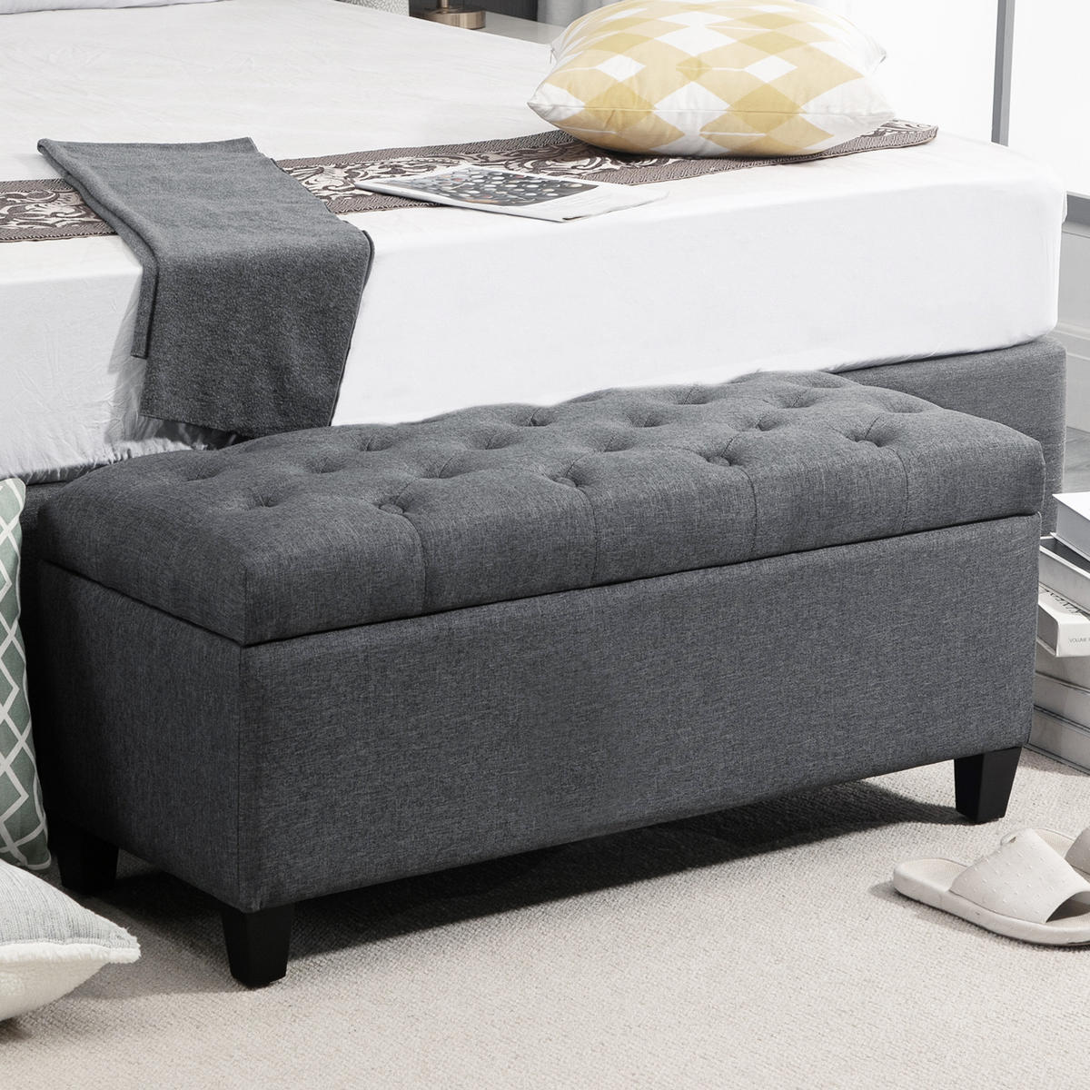 SITZBANK Polsterbank mit Stauraum leinenartiges Polyester holz Dunkelgrau - Dunkelgrau, Kunststoff (40/44/100cm) - HOMCOM