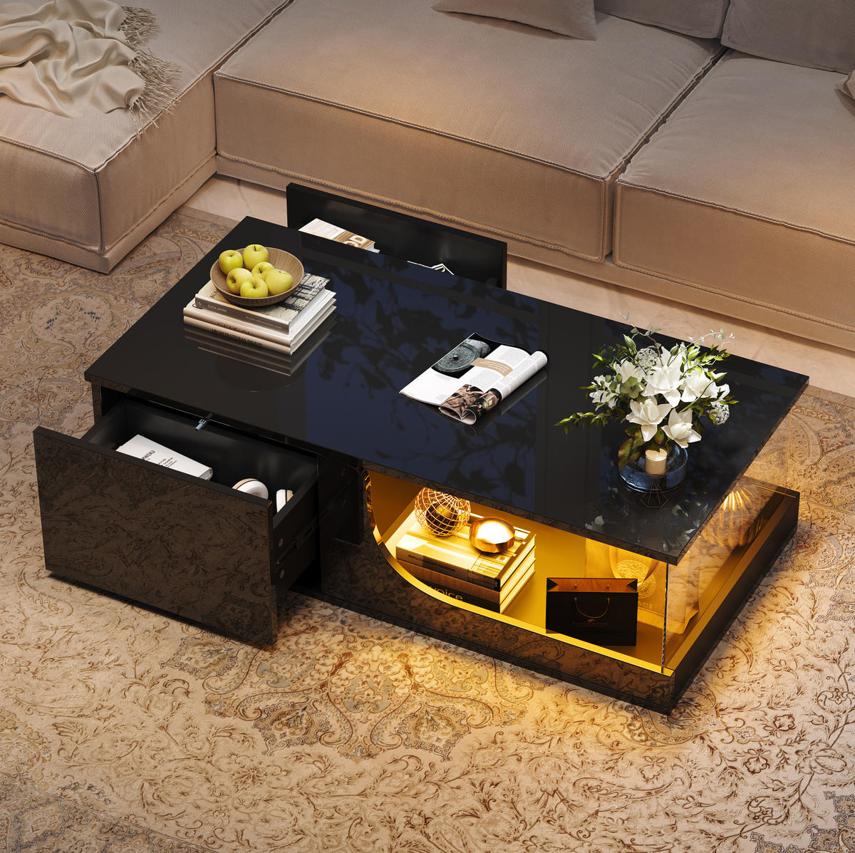 COUCHTISCH 100/50/30 cm in Schwarz mit LED-Beleuchtung und 2 Schubladen - Schwarz, Holzwerkstoff (100/50/30cm) - Flora Grace