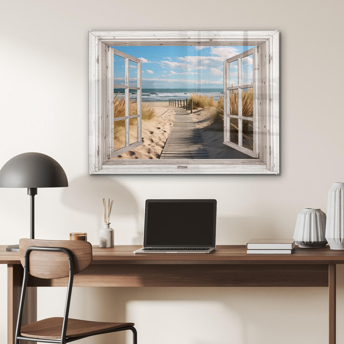 ACRYLGLASBILD Fenster - Meer - Küste - Natur - Ausblick - Strand - Wattenmeer 80x60 cm - Beige, Glas (80/60cm) - MuchoWow