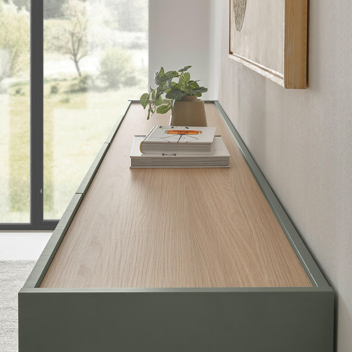SIDEBOARD in Salbei Grün mit Eiche, große Kommode 4-türig mit Schubkästen, 223 x 87 cm - Salbeigrün/Eichefarben, Holz/Holzwerkstoff (223/87/40cm) - Furn.Design