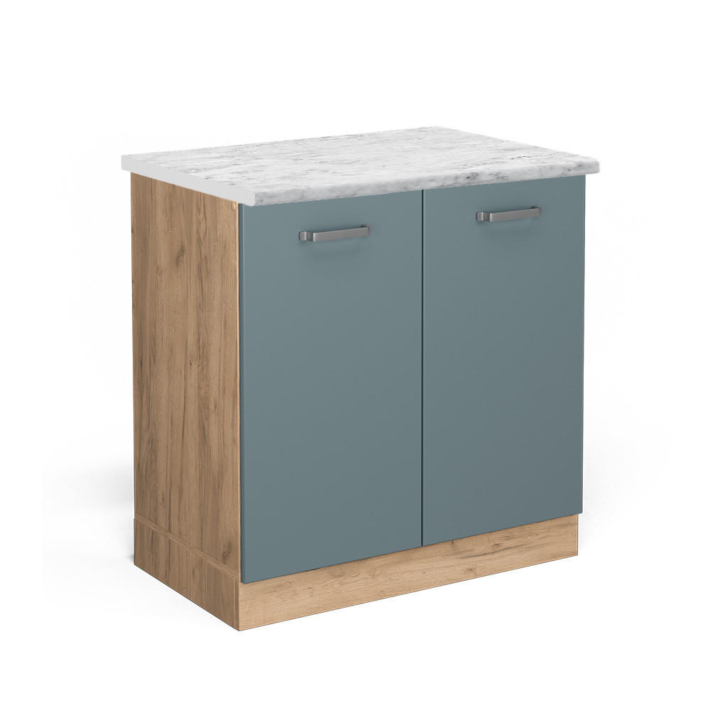 KÜCHENUNTERSCHRANK R-Line Blau-Grau 80 cm AP Marmor - Eiche Wotan/Blaugrau, Holzwerkstoff (80/81.6/60cm) - Vicco