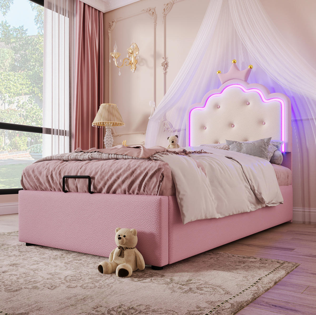 ČALÚNENÁ posteľ 90/200 cm ružová s LED osvetlením a úložným priestorom z PU a MDF - ružová, plast (90/200cm) - OKWISH