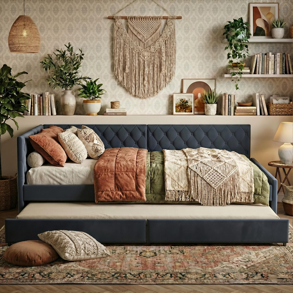 POLSTERBETT Tagesbett 90/200 cm mit Ausziehbarer Tandemliege Samtoptik Grau - Grau, Textil (90/200cm) - Creahappy