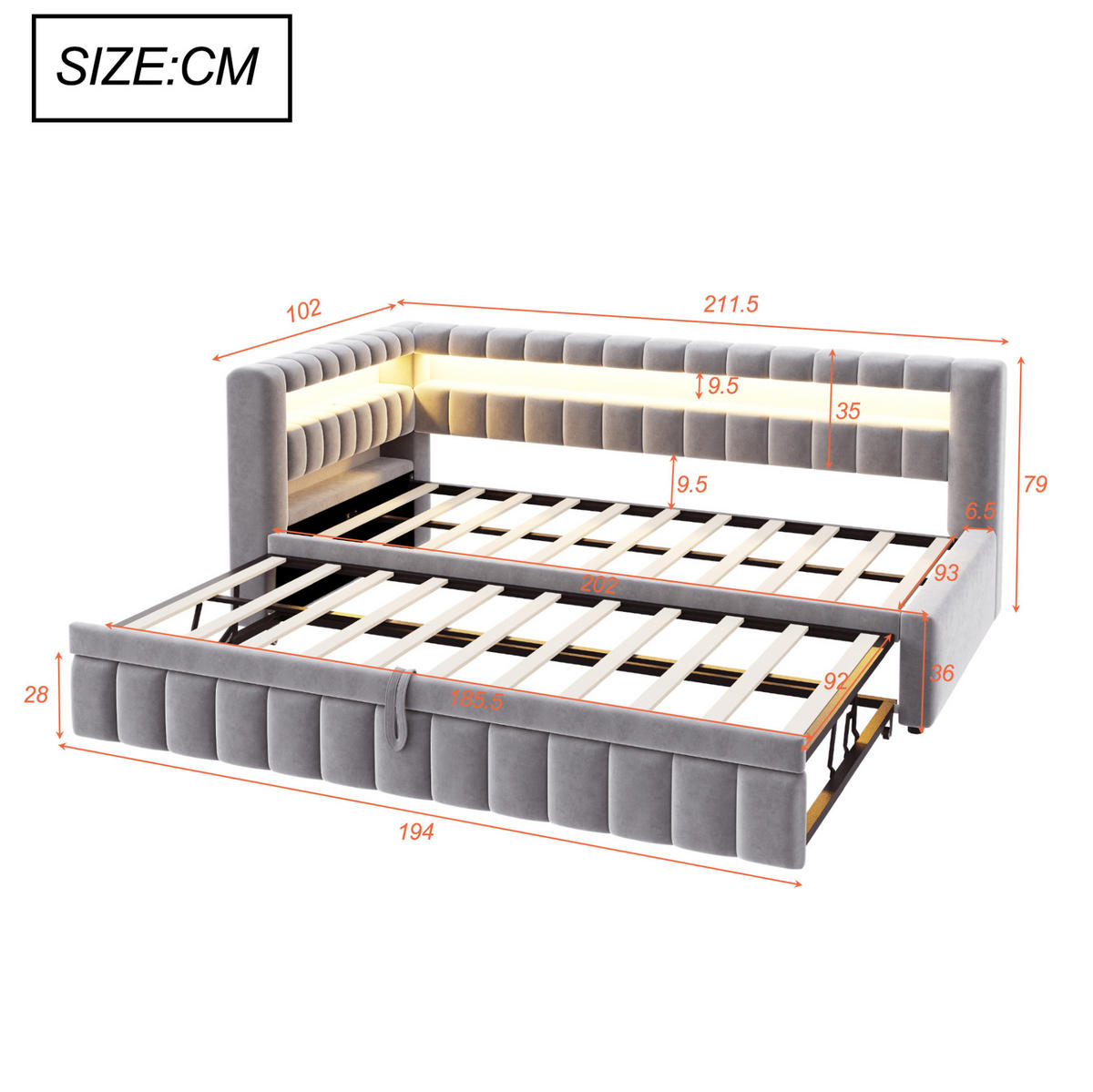 ČALOUNĚNÁ rozkládací postel 90/200 cm s LED osvětlením, USB a úložnými policemi, Světle šedá - světle šedá, textil (90/200cm) - Redom