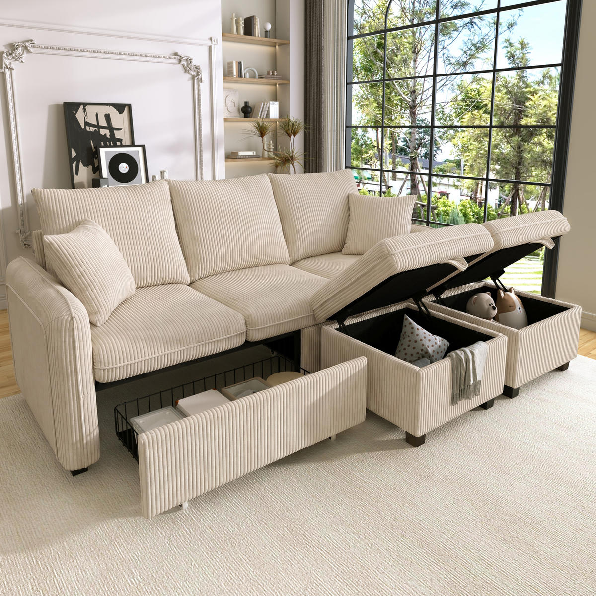WOHNLANDSCHAFT 188/186/86 cm Dunkelgrau mit 2 Fußhocker und 2 Schubladen - Beige, Textil (188/86/186cm) - Oxeza