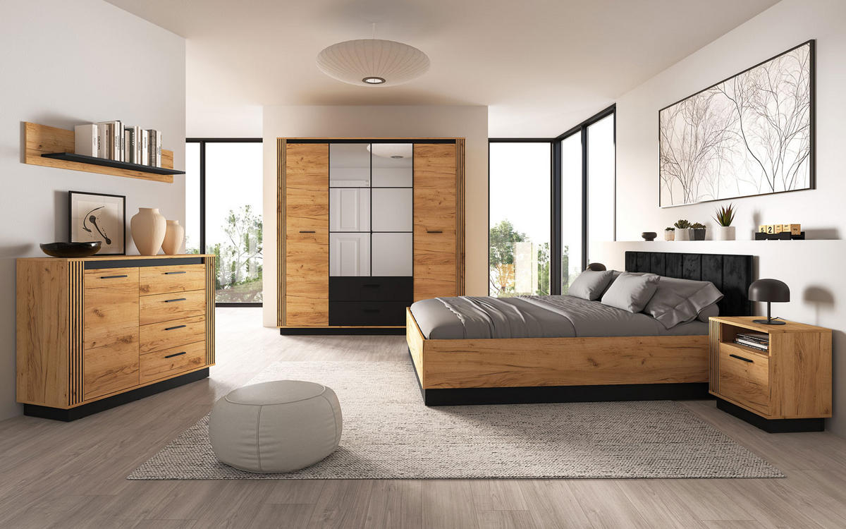 SCHLAFZIMMER-SET 6-teilig Urso Gold Craft Eiche / Schwarz - Schwarz/Braun, Holz/Holzwerkstoff (140/200cm) - Feldmann-Wohnen
